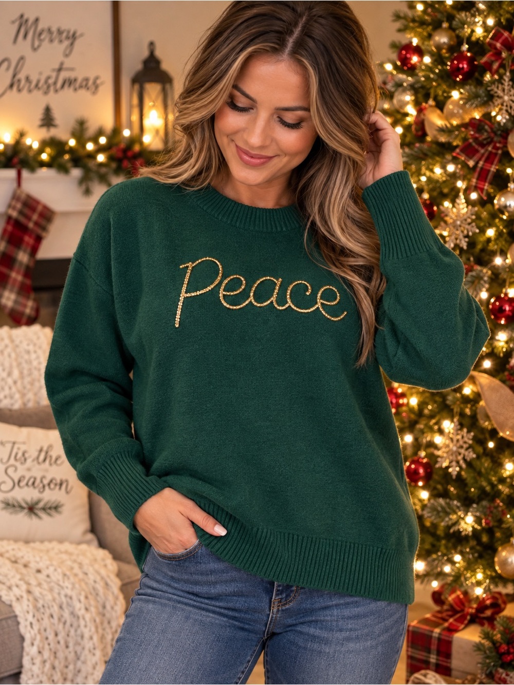 Vince Camuto Christmas Peace Gold Beaded Green Sweater - Medium